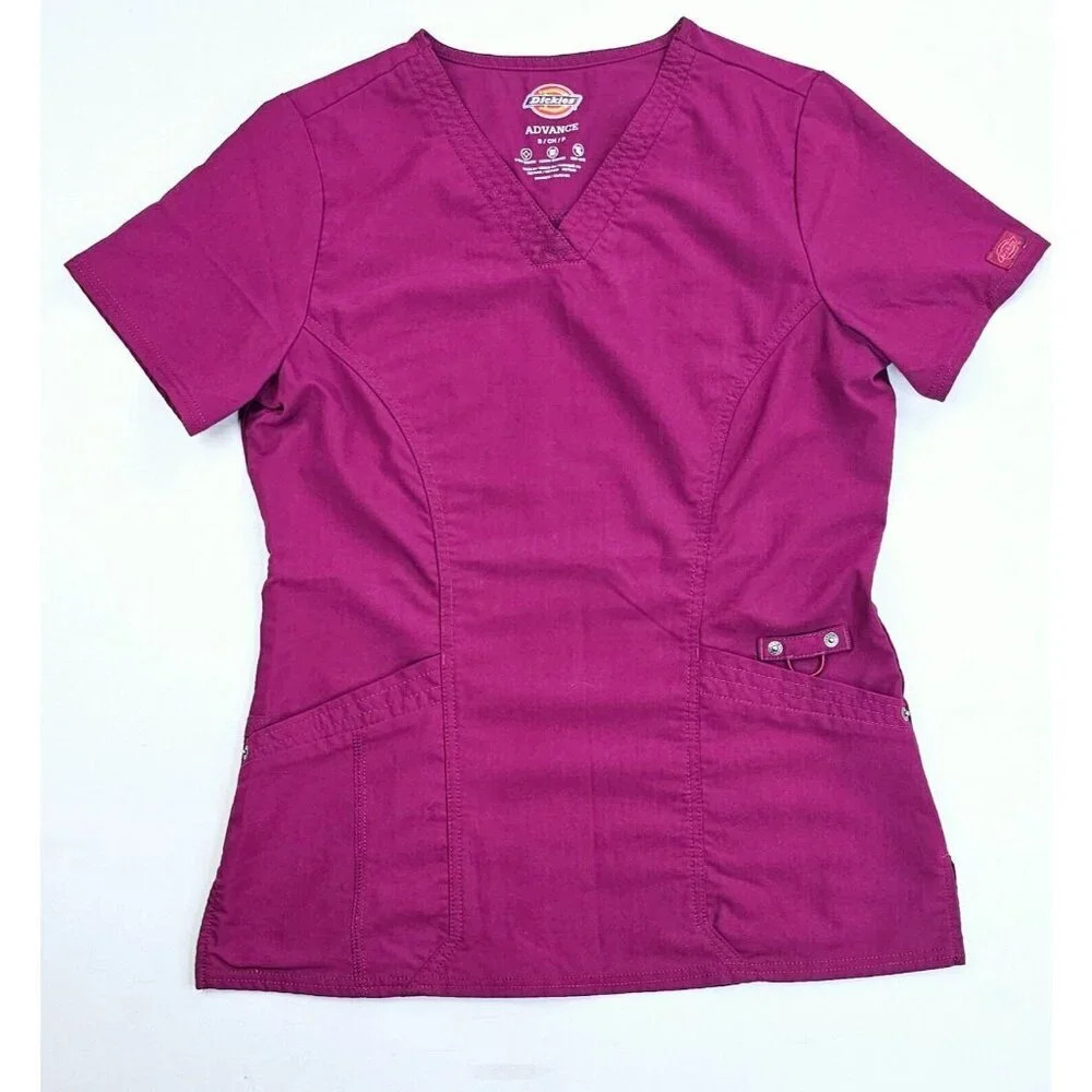 Dickies Advance Size Small Women's Burgundy V Neck Sleeve Logo Tag Pocket Scrub